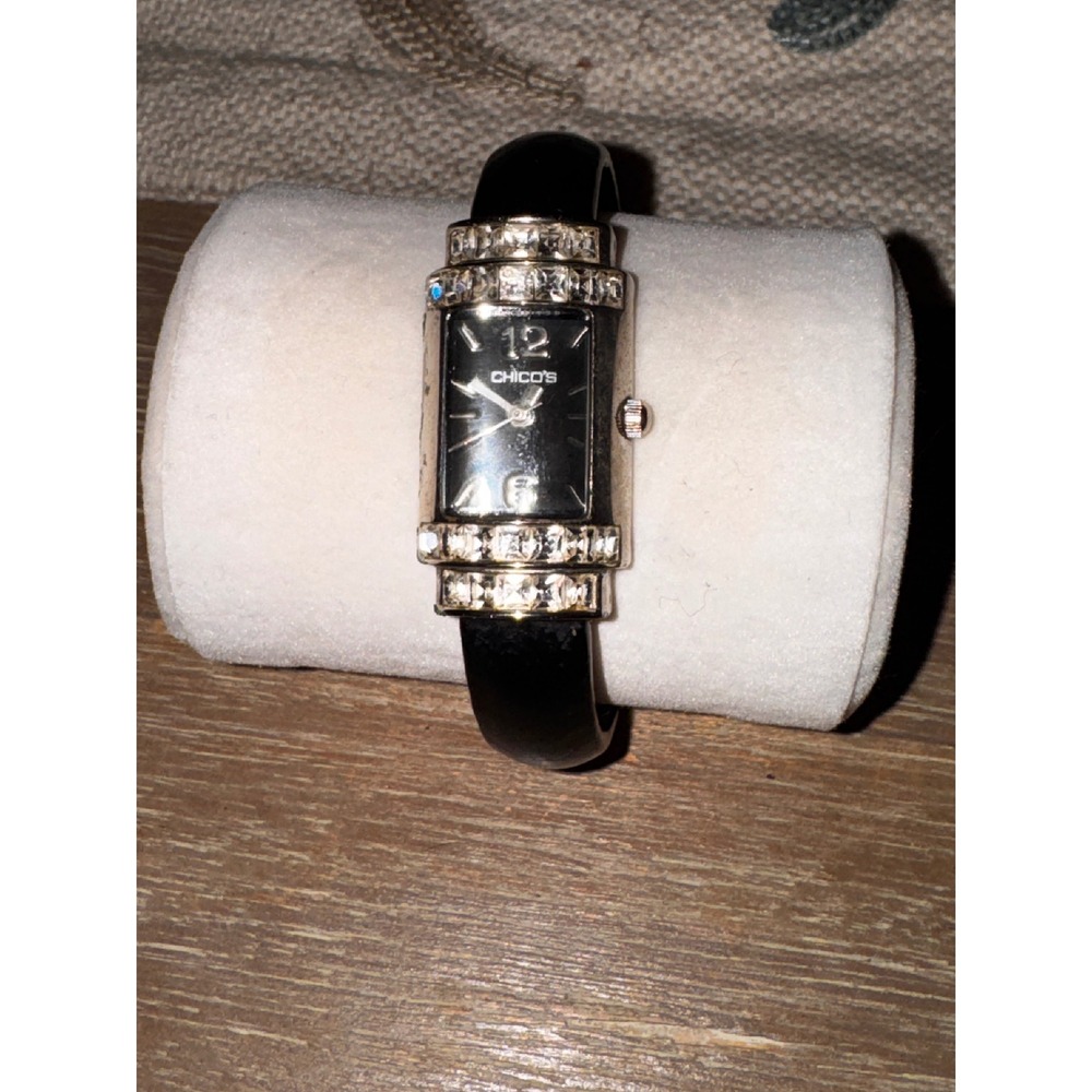 Chicos Womens Black Band Fashion Watch Rhinestone‎ Accent Rectangle Face